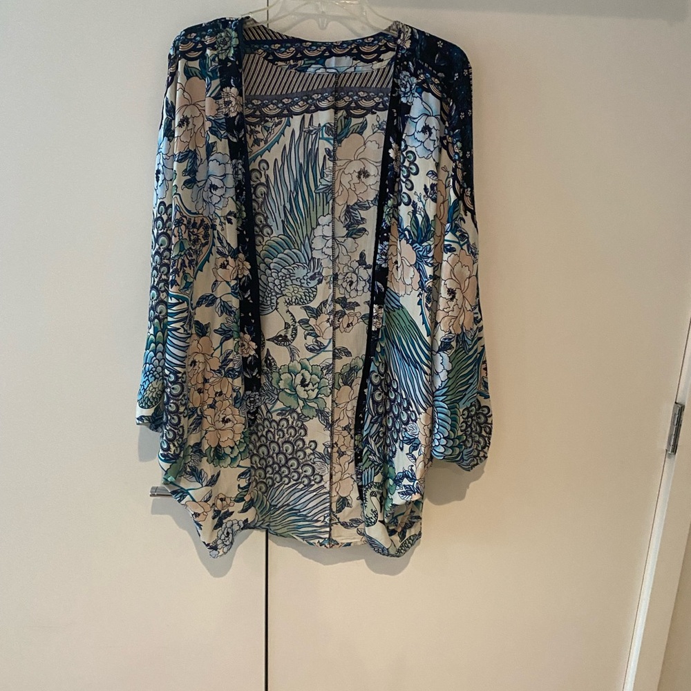 Floral Kimono Cardigan - Blue and white bird print